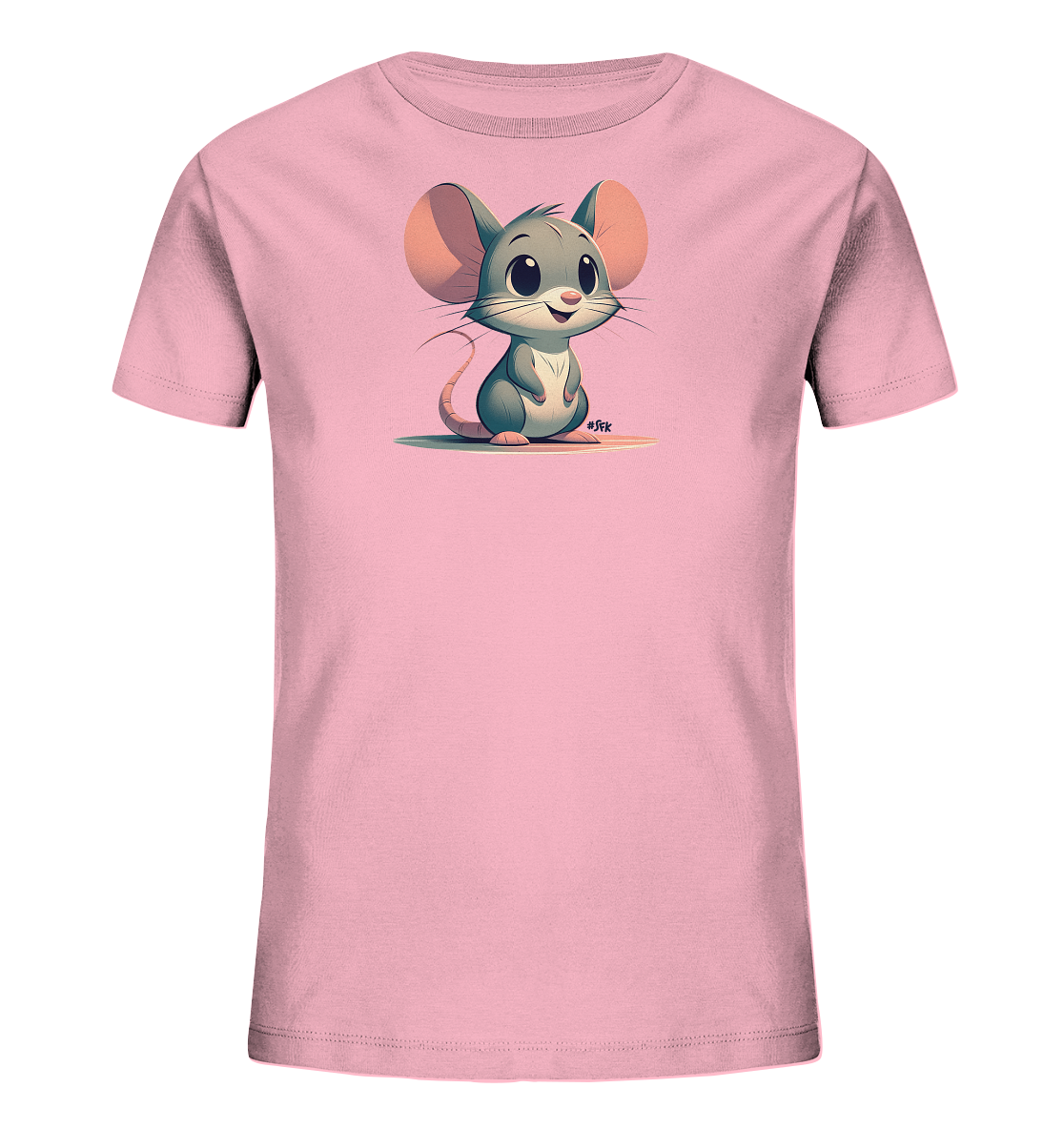 Onlineshop Shirts fuer Kinder - Das Bild zeigt ein hellrosa T-Shirt fuer Kinder. Auf der Vorderseite ist eine niedliche, graue Cartoon-Maus mit grossen, rosafarbenen Ohren abgebildet. Die Maus sitzt aufrecht und laechelt freundlich. Das Design ist schlicht und verspielt, ideal fuer kleine Maus-Fans.