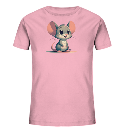 Onlineshop Shirts fuer Kinder - Das Bild zeigt ein hellrosa T-Shirt fuer Kinder. Auf der Vorderseite ist eine niedliche, graue Cartoon-Maus mit grossen, rosafarbenen Ohren abgebildet. Die Maus sitzt aufrecht und laechelt freundlich. Das Design ist schlicht und verspielt, ideal fuer kleine Maus-Fans.