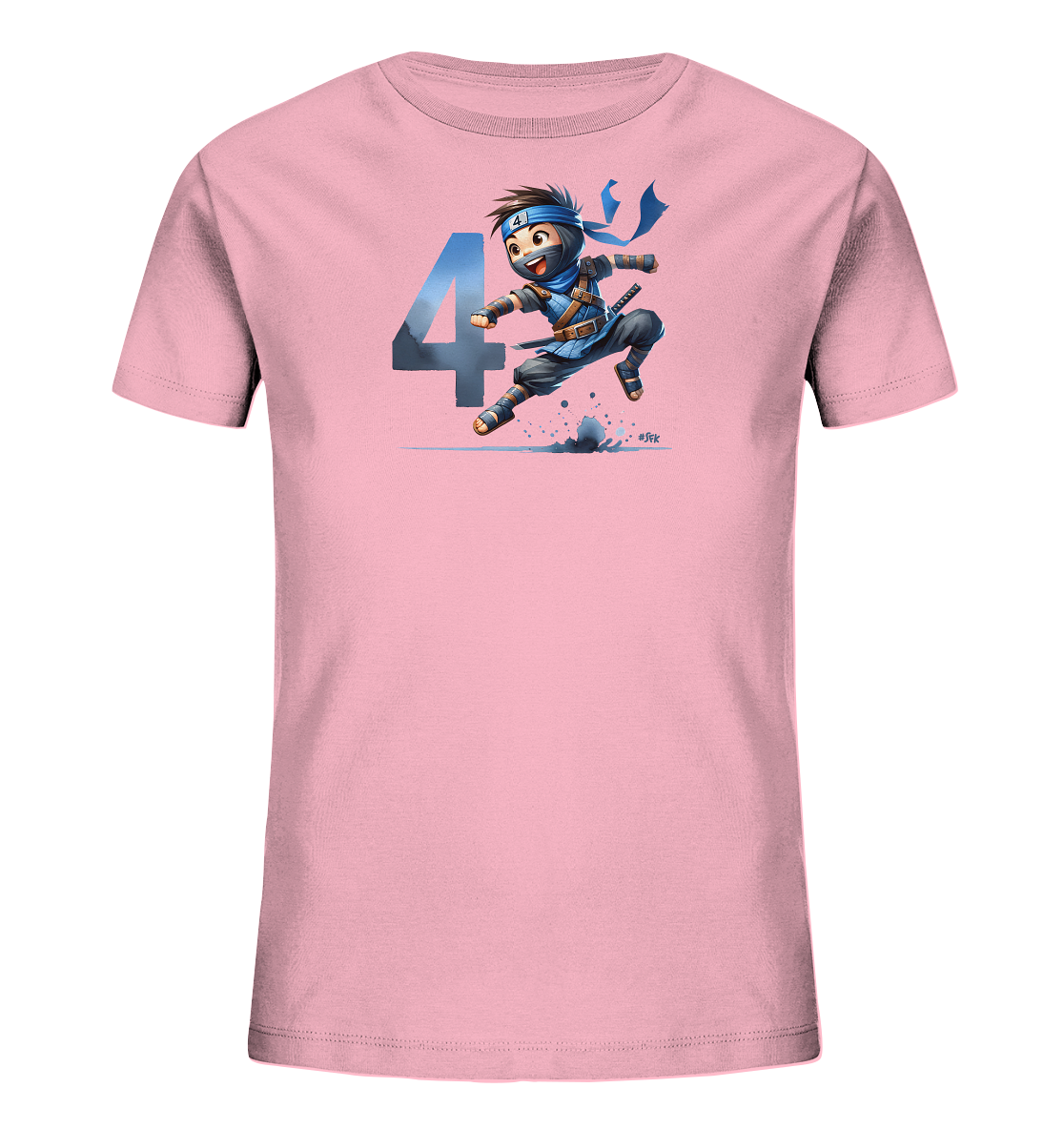 Onlineshop Shirts fuer Kinder - Das rosafarbene Kinder T-Shirt zeigt eine lebendige Illustration eines springenden Ninjas in blauer Kleidung. Der kleine Charakter bricht dabei den Untergrund auf. Neben dem Ninja ist eine grosse, schattierte Zahl '4' in Blau zu sehen. Das Motiv ist dynamisch und farbenfroh gestaltet.