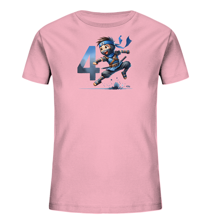 Kinder-T-Shirt mit springendem Ninja und Zahl 4