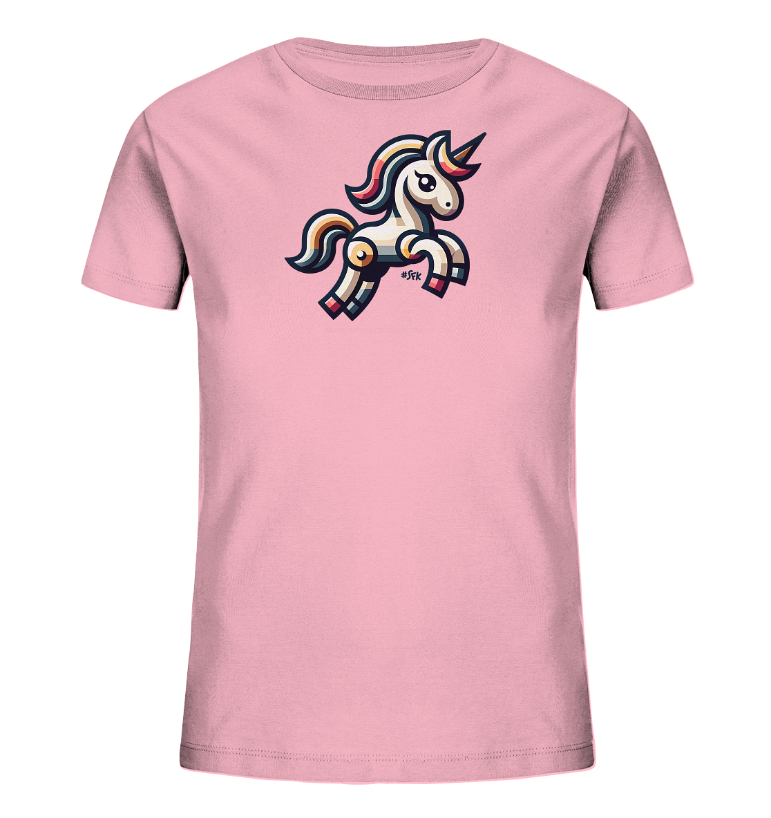 Onlineshop Shirts fuer Kinder - Das Bild zeigt ein rosafarbenes T-Shirt fuer Kinder mit einer zentralen Grafik eines Cartoon-Einhorns. Das Einhorn hat ein weisses Fell und eine bunte Maehne sowie einen bunten Schweif. Es steht auf den Hinterbeinen und wirkt verspielt. Die Grafik ist in verschiedenen Farben wie Gelb, Blau und Rot gehalten.