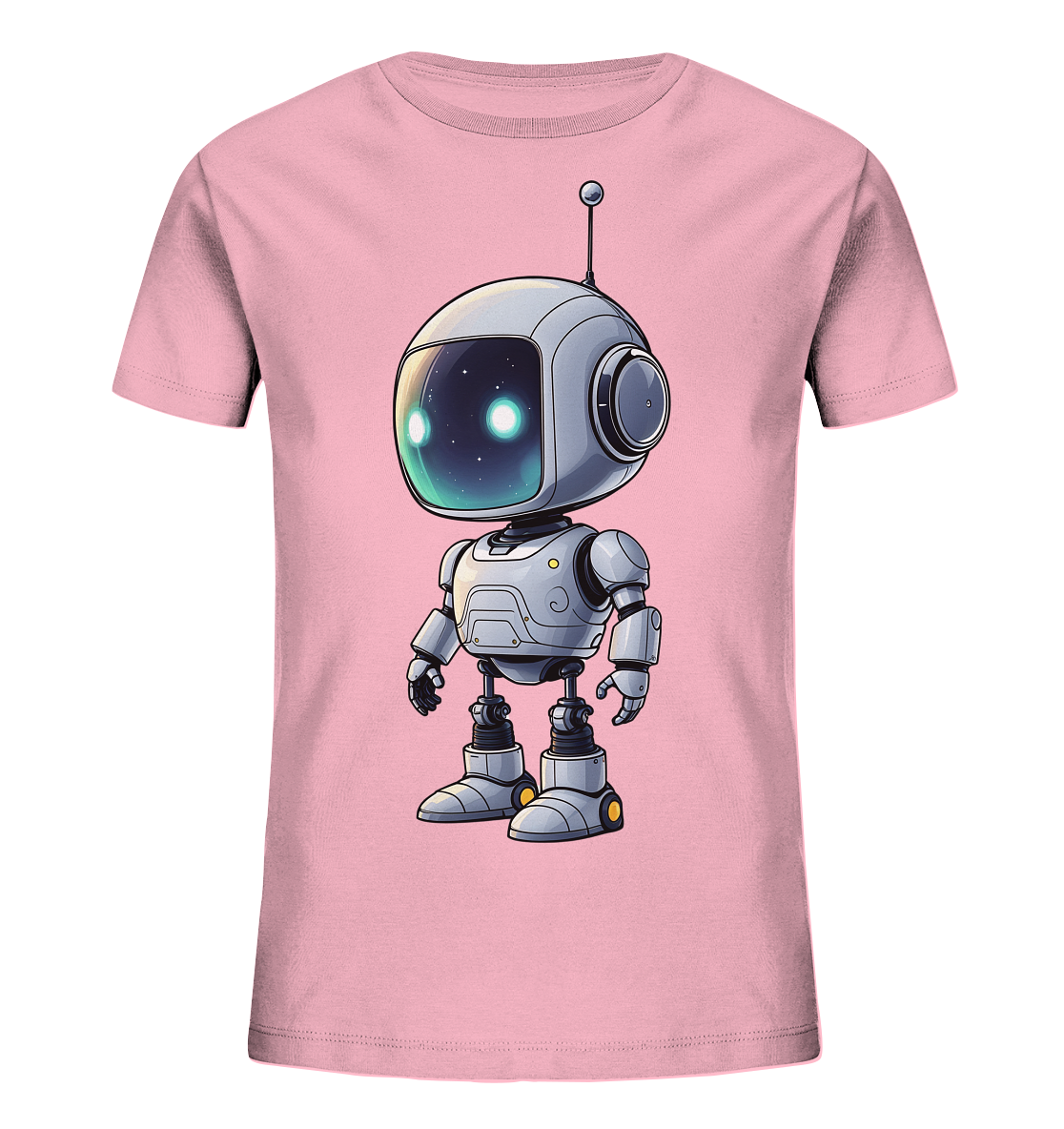 Onlineshop Shirts für Kinder - Das Bild zeigt ein rosa Kinder-T-Shirt mit einem auffälligen Motiv auf der Vorderseite. Zentral platziert ist die Grafik eines niedlichen, stehenden Roboters im Cartoon-Stil. Der Roboter hat einen hellgrauen Körper und einen großen, runden Kopf, dessen Visier ein leuchtendes Sternenfeld mit hellblauen Augen darstellt. Eine Antenne ragt von seinem Kopf, während seine Gelenke und Füße detailliert dargestellt sind, mit kleinen gelben Akzenten an den Füßen.
