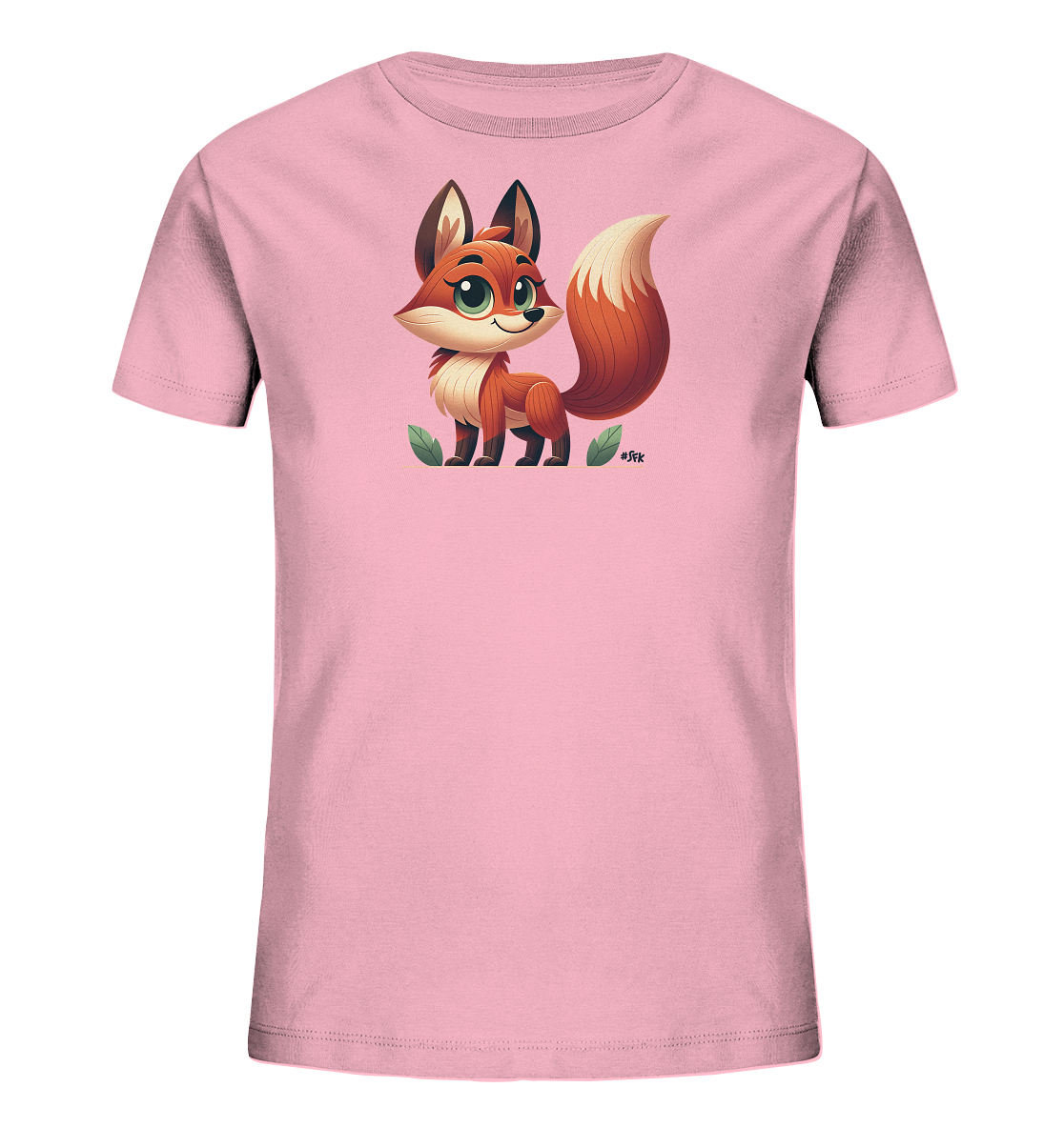 Onlineshop Shirts fuer Kinder - Das Bild zeigt ein hellrosa Kinder-T-Shirt mit einer Illustration eines niedlichen Fuchses auf der Vorderseite. Der cartoonhafte Fuchs hat grosse Augen und einen buschigen Schwanz, umgeben von zwei gruenen Blaettern. Das Design ist farbenfroh und ansprechend fuer Kinder. Der Fuchs blickt nach vorne und hat einen freundlichen Ausdruck.