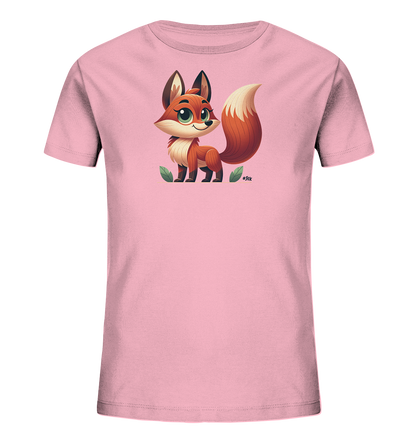 Onlineshop Shirts fuer Kinder - Das Bild zeigt ein hellrosa Kinder-T-Shirt mit einer Illustration eines niedlichen Fuchses auf der Vorderseite. Der cartoonhafte Fuchs hat grosse Augen und einen buschigen Schwanz, umgeben von zwei gruenen Blaettern. Das Design ist farbenfroh und ansprechend fuer Kinder. Der Fuchs blickt nach vorne und hat einen freundlichen Ausdruck.