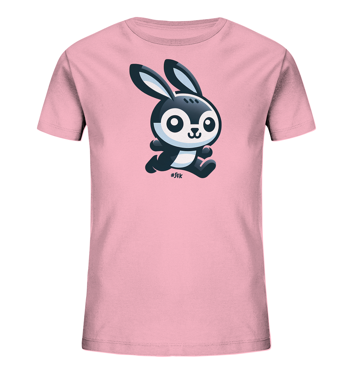 Onlineshop Shirts fuer Kinder - Das Bild zeigt ein rosa T-Shirt fuer Kinder mit einem niedlichen, schwarz-weissen Cartoon-Hasen auf der Vorderseite. Der Hase hat grosse Augen und Ohren und ist in einer dynamischen Laufposition dargestellt. Dieses Design verleiht dem Shirt einen verspielten Charakter.