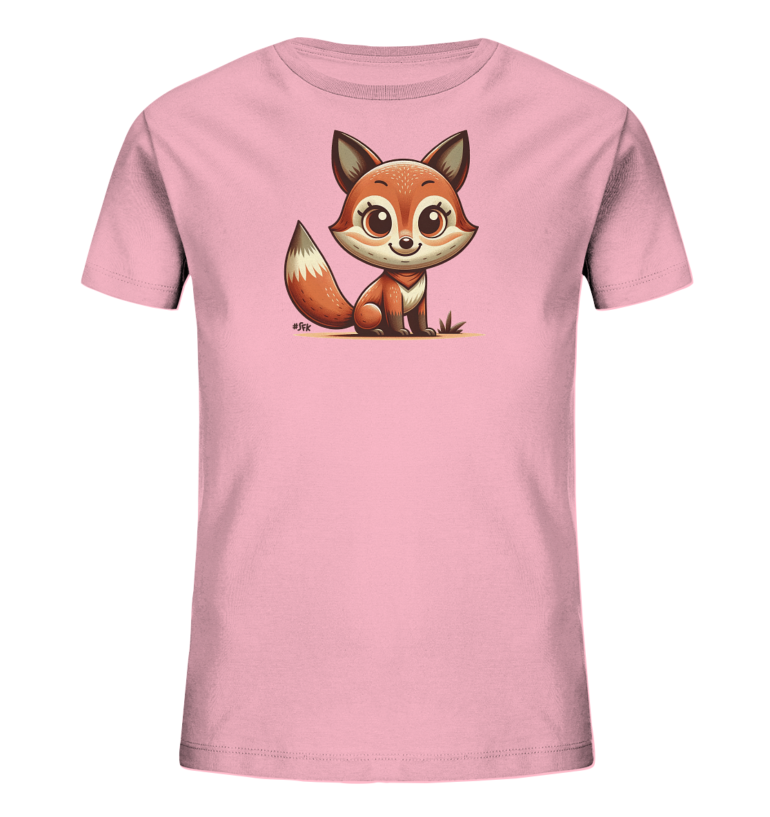 Onlineshop Shirts fuer Kinder - Das Bild zeigt ein hellrosafarbenes T-Shirt fuer Kinder mit einer niedlichen, cartoonartigen Fuchsgrafik auf der Vorderseite. Der kleine Fuchs sitzt mit grossen, freundlichen Augen und einem buschigen Schwanz auf dem Boden dargestellt. Das Design ist minimalistisch und froehlich, passend fuer ein Kinderoutfit.