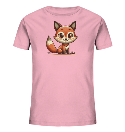 Onlineshop Shirts fuer Kinder - Das Bild zeigt ein hellrosafarbenes T-Shirt fuer Kinder mit einer niedlichen, cartoonartigen Fuchsgrafik auf der Vorderseite. Der kleine Fuchs sitzt mit grossen, freundlichen Augen und einem buschigen Schwanz auf dem Boden dargestellt. Das Design ist minimalistisch und froehlich, passend fuer ein Kinderoutfit.