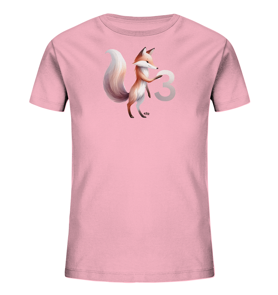 Onlineshop Shirts fuer Kinder - Das Bild zeigt ein hellrosa Kinder-T-Shirt mit einem niedlichen Fuchsmotiv auf der Vorderseite. Der stilisierte Fuchs steht auf seinen Hinterbeinen und beruehrt die grosse, helle Zahl Drei. Der Fuchs hat orange-braunes Fell und einen buschigen Schwanz. Dieses Design wirkt verspielt und ansprechend.