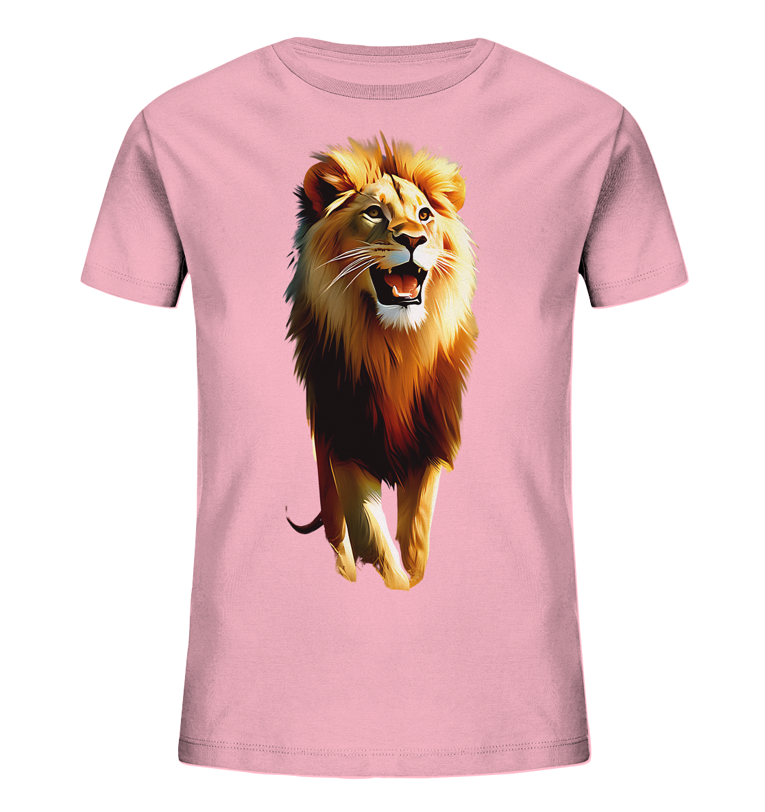 Onlineshop Shirts fuer Kinder - Ein hellrosafarbenes Kinder-T-Shirt mit einer beeindruckenden Illustration eines Loewen auf der Vorderseite. Der Loewe wird von vorne dargestellt, schreitet vorwaerts und scheint zu bruellen. Seine Maehne ist detailreich und in warmen Farben gehalten.