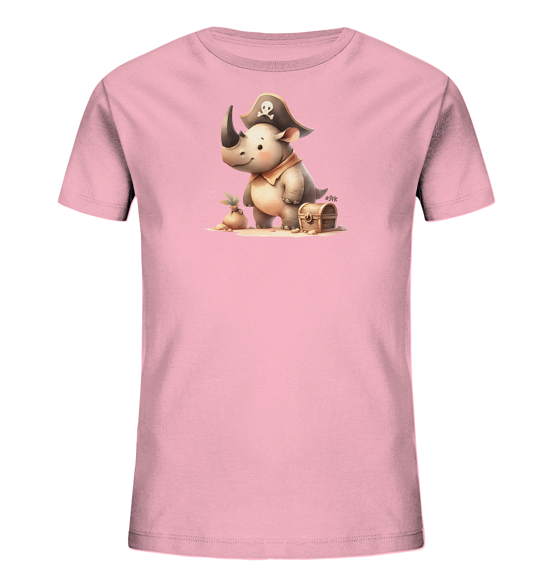 Onlineshop Shirts fuer Kinder - Dieses rosa Kinder-T-Shirt zeigt eine niedliche Illustration eines Baby-Nashorns im Piratenkostuem. Das Nashorn traegt einen Piratenhut mit Totenkopfsymbol und ein Halstuch. Neben ihm auf sandigem Untergrund stehen ein kleiner Sack mit Pflanze und eine Holztruhe. Das detailreiche Design verleiht dem Shirt einen verspielten Abenteuer-Look.