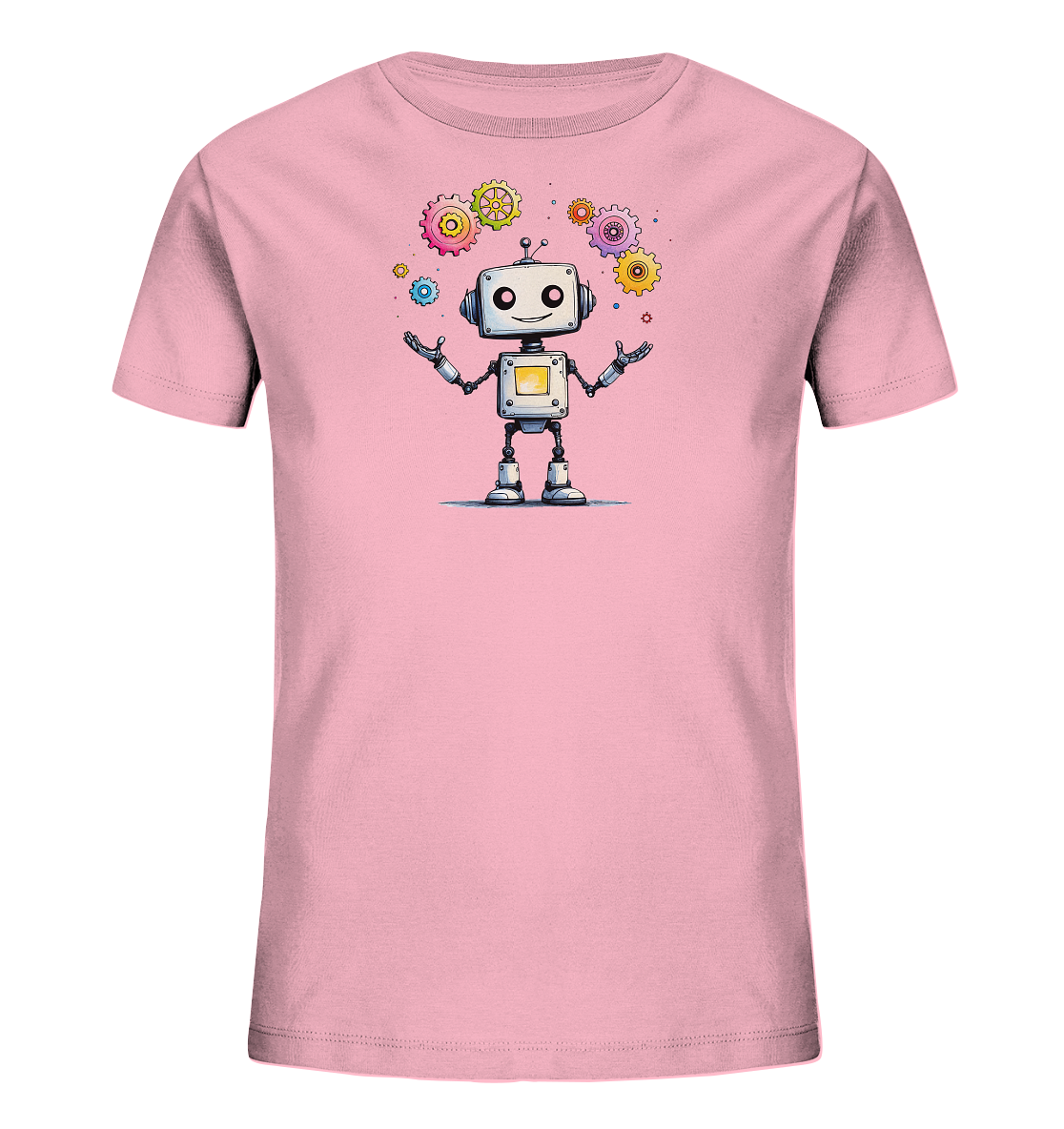 Onlineshop Shirts für Kinder - Das Bild zeigt ein hellrosa Kinder-T-Shirt, das mit einem farbenfrohen Motiv auf der Vorderseite bedruckt ist. Abgebildet ist ein freundlicher Cartoon-Roboter mit einem lächelnden Gesicht und großen Augen. Um den Roboter herum sind mehrere bunte Zahnräder in verschiedenen Größen sowie kleine Sterne oder Punkte dargestellt. Das gesamte Design wirkt verspielt und fröhlich, ideal für Kinder, die sich für Roboter und Technik begeistern.