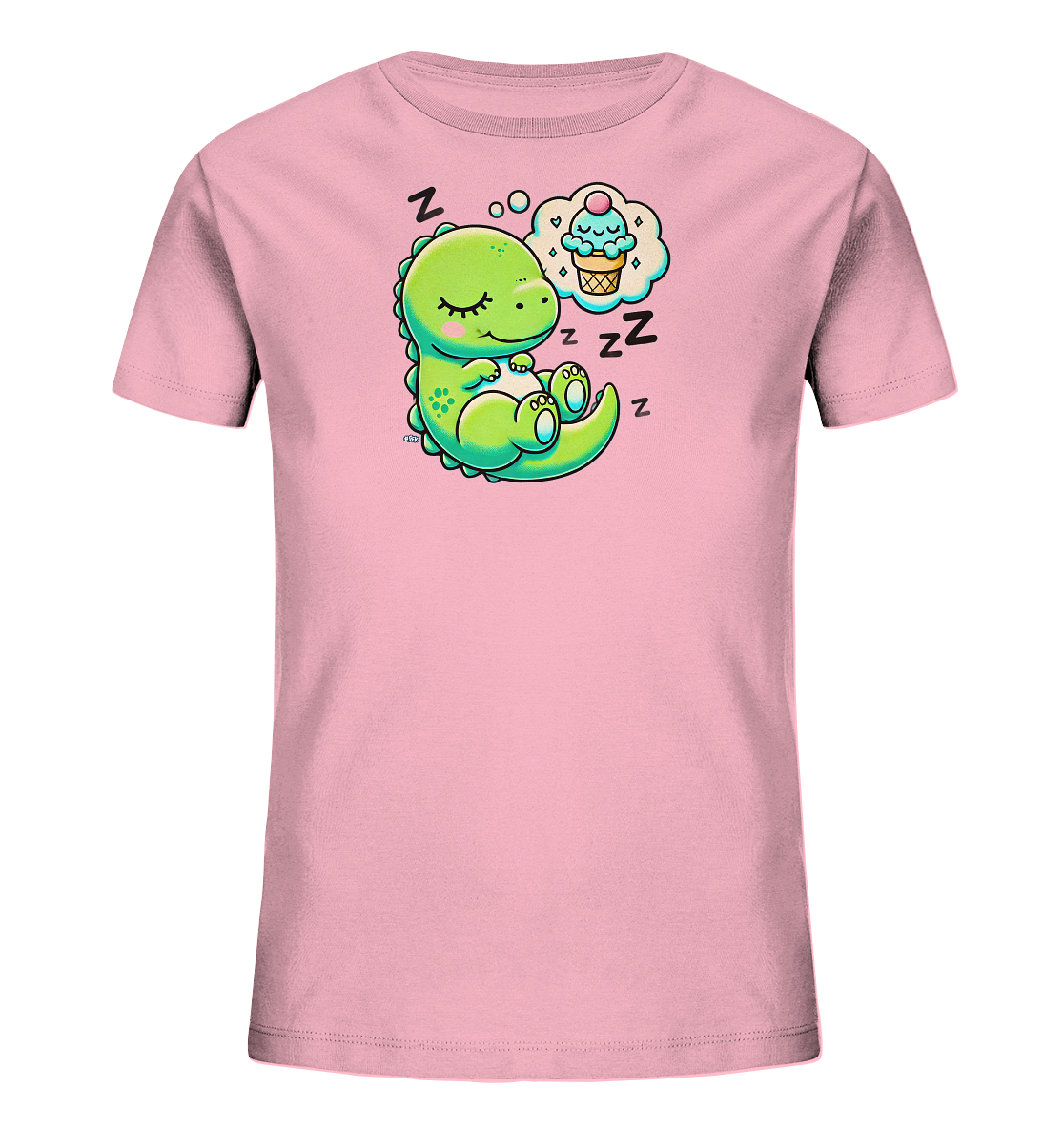 Onlineshop Shirts fuer Kinder - Das Bild zeigt ein hellrosa Kinder-T-Shirt mit einem suessen Cartoon-Motiv. Ein gruener Dinosaurier schlaeft tief und traeumt von einer Eiscreme, die in einer Sprechblase ueber ihm dargestellt ist. Mehrere "Z"-Symbole schweben um den schlafenden Dino, was seinen Zustand des Schlafs symbolisiert. Das Design ist friedlich und niedlich gestaltet.