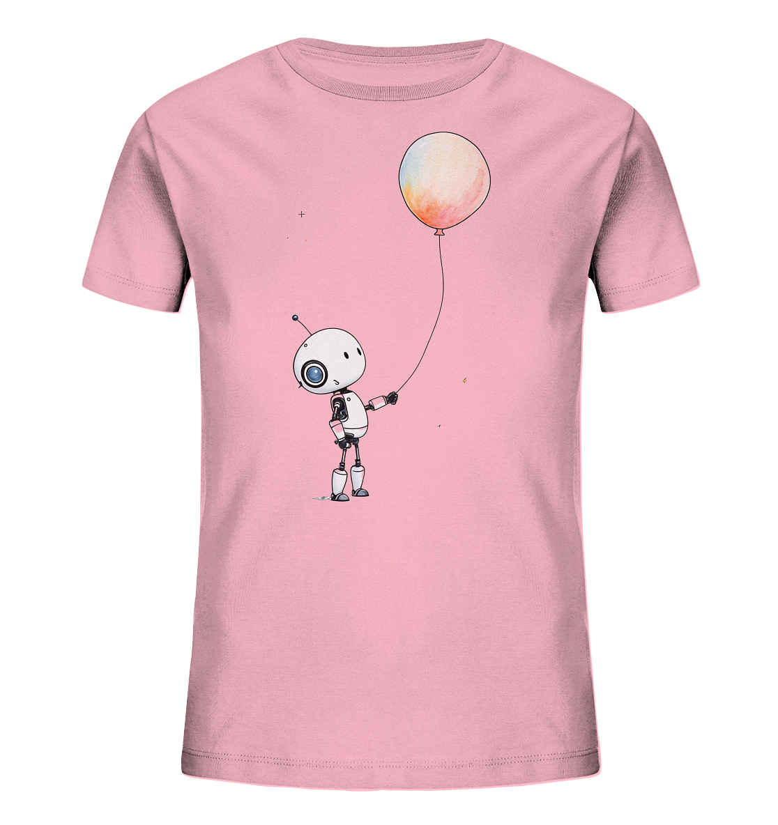 Onlineshop Shirts für Kinder - Das Bild zeigt ein Kinder-T-Shirt in einem sanften Rosaton. Auf der Vorderseite des Shirts ist eine Illustration eines niedlichen, cartoonhaften Roboters abgebildet, der einen großen, farbenfrohen Ballon an einer Schnur hält. Der Roboter ist weiß mit schwarzen und grauen Details und hat ein großes Auge. Der Ballon weist Schattierungen von Gelb, Orange und Rosa auf und wirkt leicht aquarelliert, was dem Design einen verträumten Charakter verleiht.