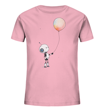 Onlineshop Shirts für Kinder - Das Bild zeigt ein Kinder-T-Shirt in einem sanften Rosaton. Auf der Vorderseite des Shirts ist eine Illustration eines niedlichen, cartoonhaften Roboters abgebildet, der einen großen, farbenfrohen Ballon an einer Schnur hält. Der Roboter ist weiß mit schwarzen und grauen Details und hat ein großes Auge. Der Ballon weist Schattierungen von Gelb, Orange und Rosa auf und wirkt leicht aquarelliert, was dem Design einen verträumten Charakter verleiht.