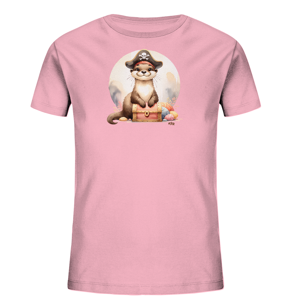 Onlineshop Shirts fuer Kinder - Das Bild zeigt ein hellrosa Kinder-T-Shirt mit einem Motiv eines niedlichen Otters. Der Otter traegt einen Piratenhut und sitzt auf einer kleinen Schatztruhe. Bunte Eier liegen um die Truhe herum, und ein heller Kreis rahmt die Szene. Dieses froehliche Design verbindet Piratenabenteuer mit Ostermotiven.
