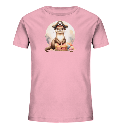 Onlineshop Shirts fuer Kinder - Das Bild zeigt ein hellrosa Kinder-T-Shirt mit einem Motiv eines niedlichen Otters. Der Otter traegt einen Piratenhut und sitzt auf einer kleinen Schatztruhe. Bunte Eier liegen um die Truhe herum, und ein heller Kreis rahmt die Szene. Dieses froehliche Design verbindet Piratenabenteuer mit Ostermotiven.
