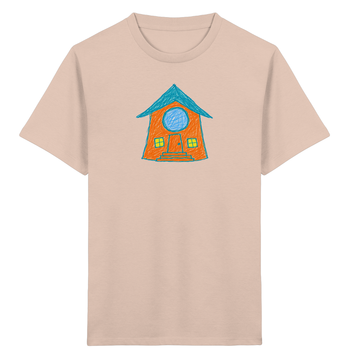 Orangefarbenes Rundfensterhaus für Kinder - Kinder Bio T-Shirt