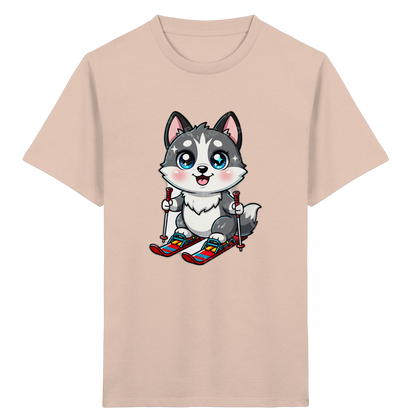 Husky-Welpe auf Skiern – Kinder Bio-T-Shirt