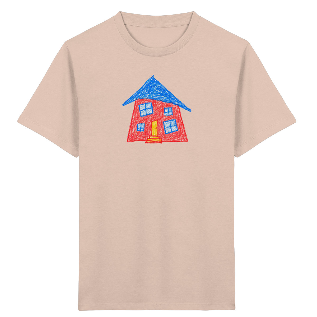 Korallenrotes Haus mit blauem Dach - Kinder Bio T-Shirt
