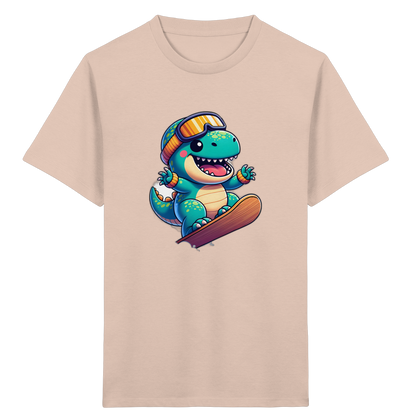 Dinosaurier auf dem Snowboard – Kinder Bio-T-Shirt