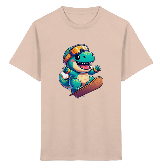 Dinosaurier auf dem Snowboard – Kinder Bio-T-Shirt