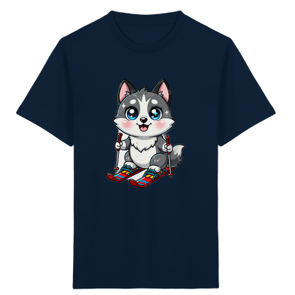 Husky-Welpe auf Skiern – Kinder Bio-T-Shirt