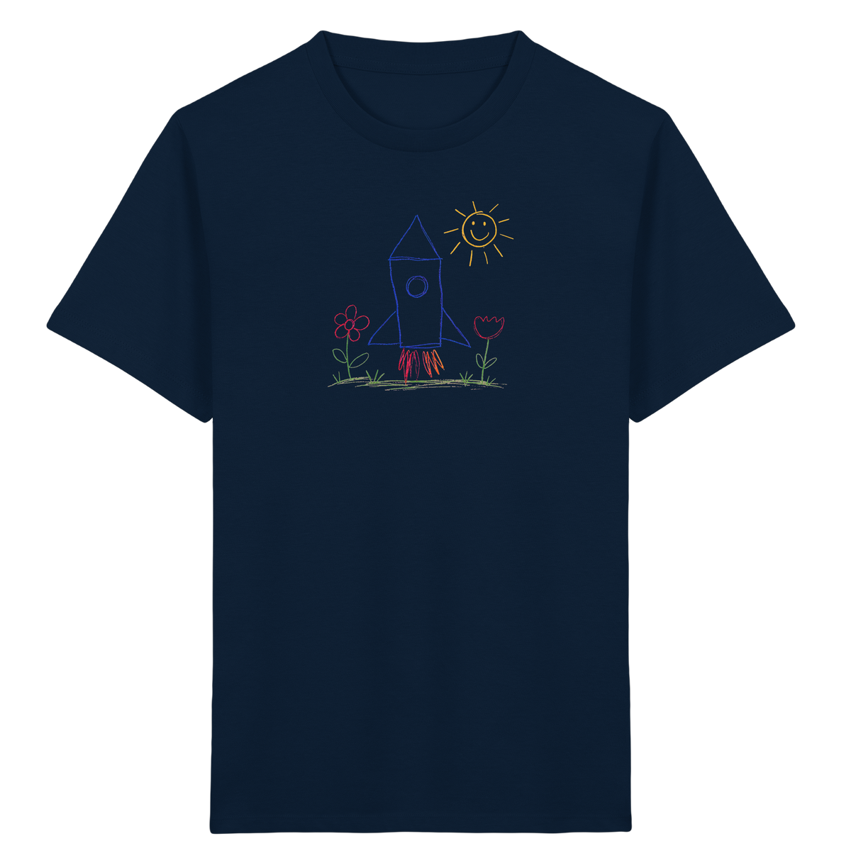 Fröhliches Raketen T-Shirt mit Kinderzeichnung - Kinder Bio T-Shirt