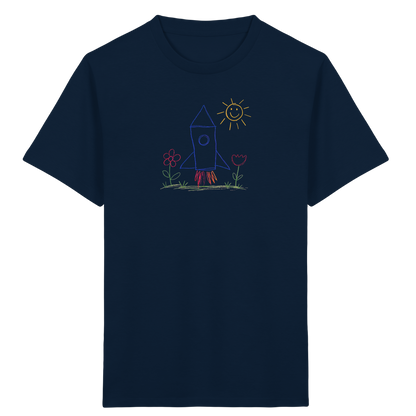 Fröhliches Raketen T-Shirt mit Kinderzeichnung - Kinder Bio T-Shirt