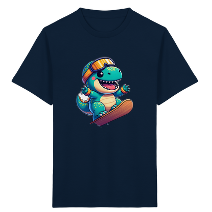 Dinosaurier auf dem Snowboard – Kinder Bio-T-Shirt