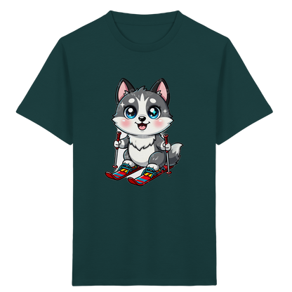Husky-Welpe auf Skiern – Kinder Bio-T-Shirt