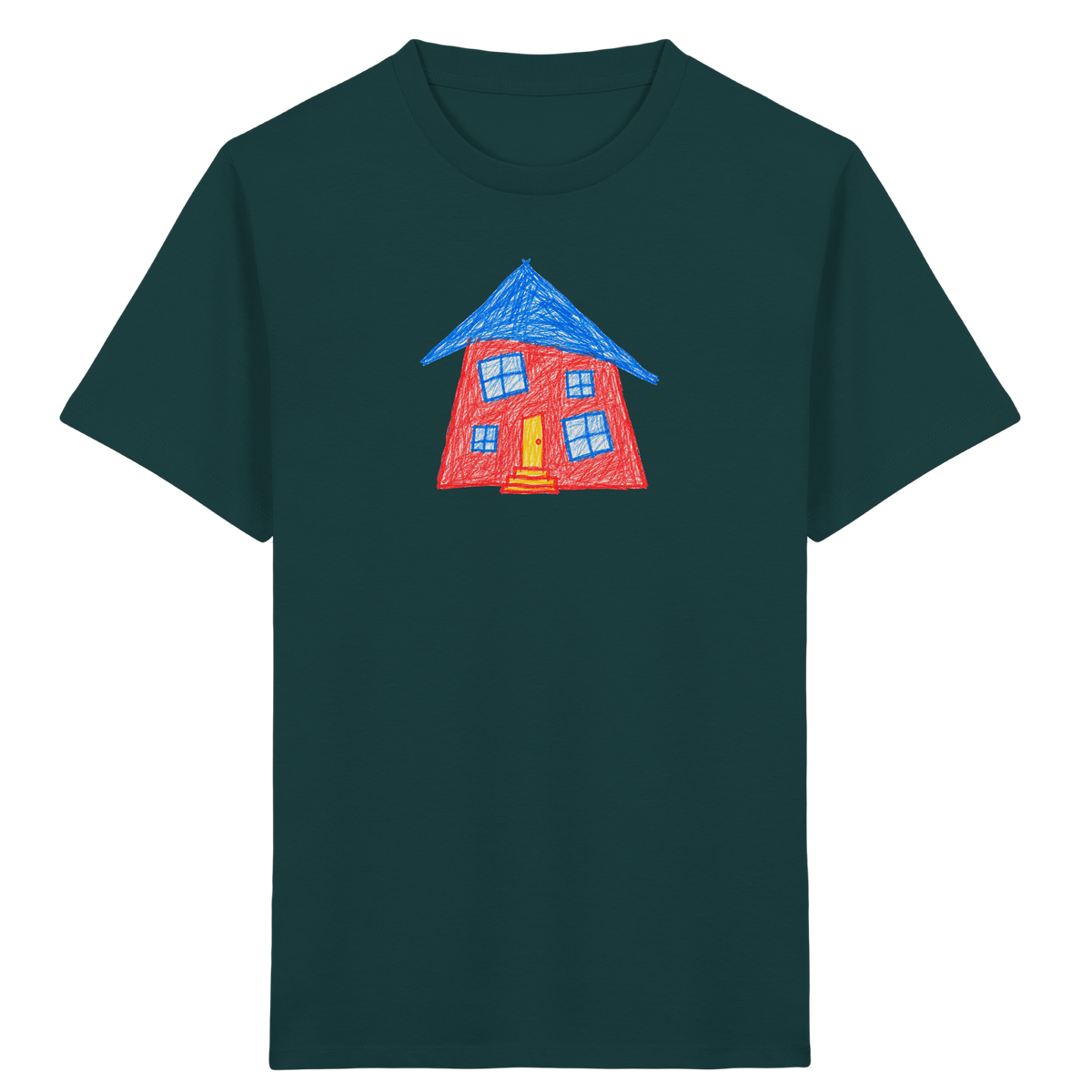 Korallenrotes Haus mit blauem Dach - Kinder Bio T-Shirt