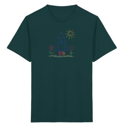 Fröhliches Raketen T-Shirt mit Kinderzeichnung - Kinder Bio T-Shirt