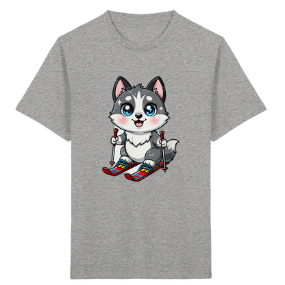 Husky-Welpe auf Skiern – Kinder Bio-T-Shirt