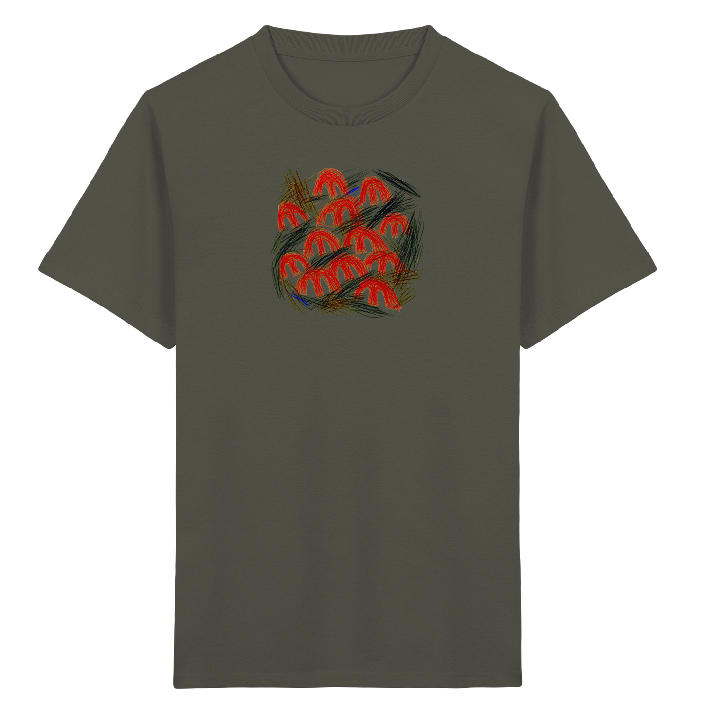 Khakifarbenes Kinder Bio T-Shirt mit Pilz-Motiv im Kritzelstil
