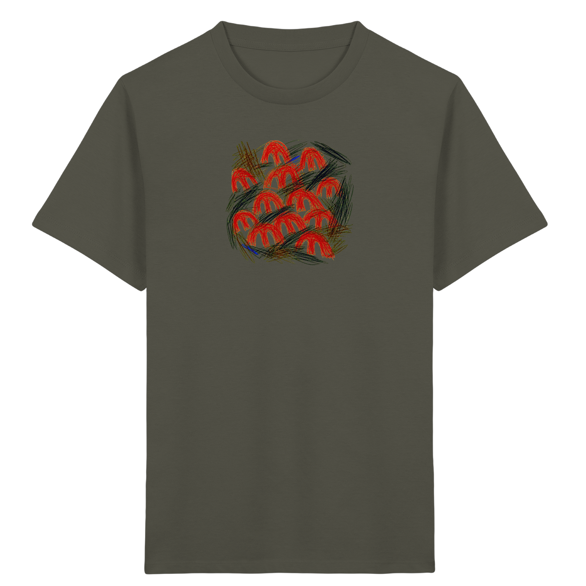 Khakifarbenes Kinder Bio T-Shirt mit Pilz-Motiv im Kritzelstil
