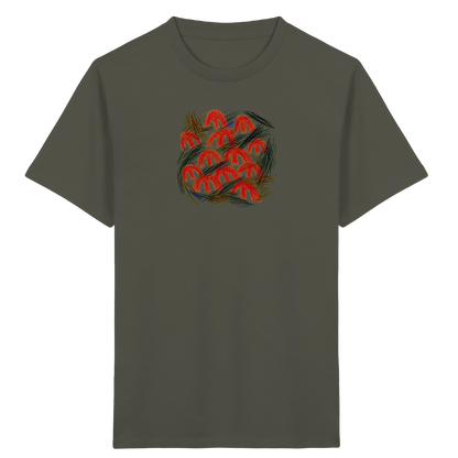 Khakifarbenes Kinder Bio T-Shirt mit Pilz-Motiv im Kritzelstil