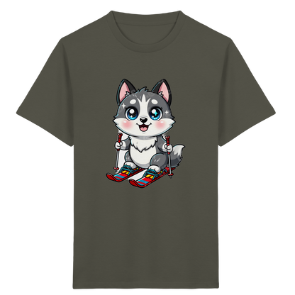 Husky-Welpe auf Skiern – Kinder Bio-T-Shirt