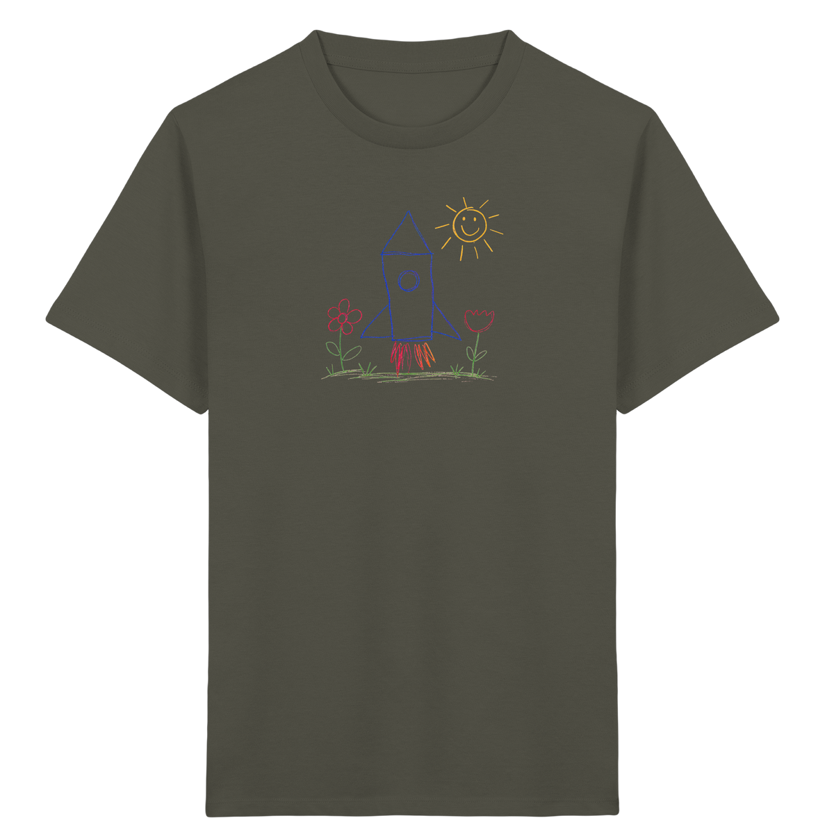 Fröhliches Raketen T-Shirt mit Kinderzeichnung - Kinder Bio T-Shirt