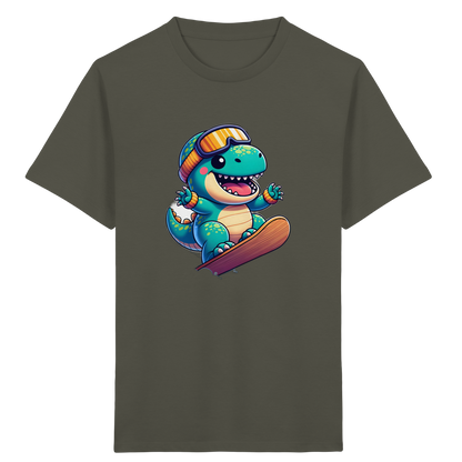 Dinosaurier auf dem Snowboard – Kinder Bio-T-Shirt