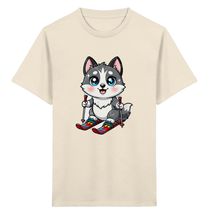 Husky-Welpe auf Skiern – Kinder Bio-T-Shirt