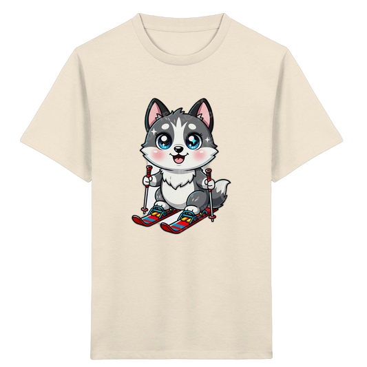 Husky-Welpe auf Skiern – Kinder Bio-T-Shirt