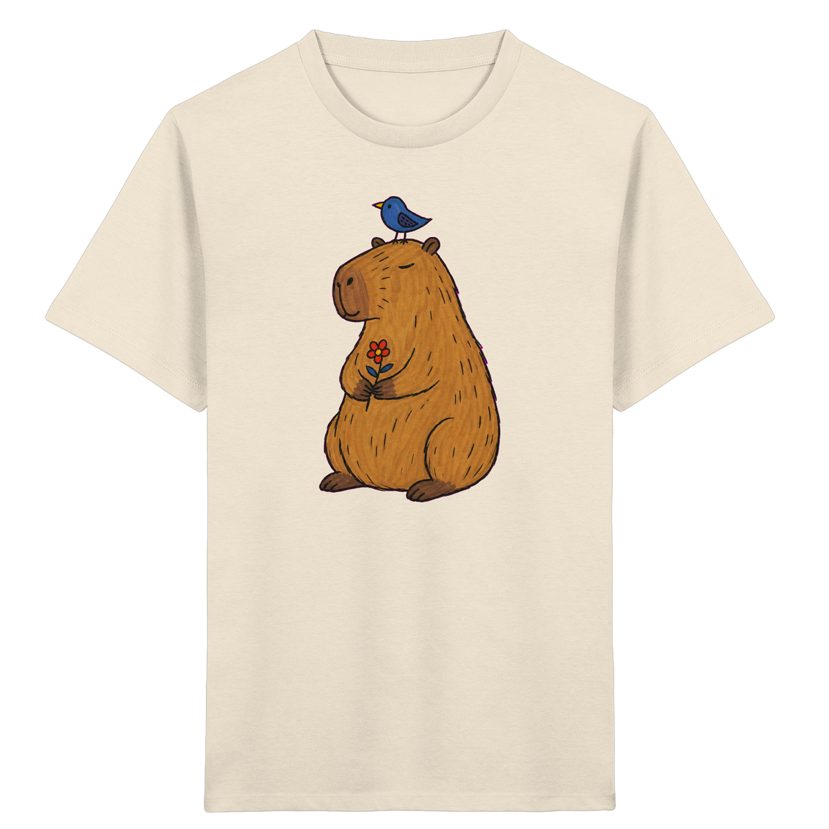 Süßes Capybara T-Shirt mit Vogel - Kinder Bio T-Shirt