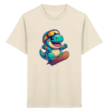 Dinosaurier auf dem Snowboard – Kinder Bio-T-Shirt