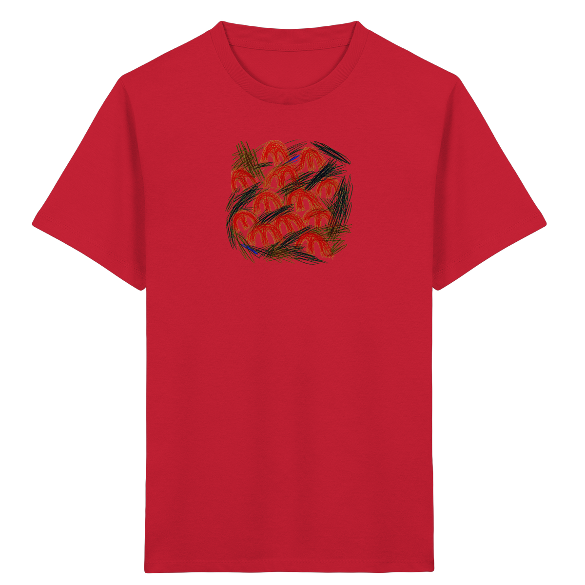 Rotes Kinder Bio T-Shirt mit Pilz-Motiv im Kritzelstil