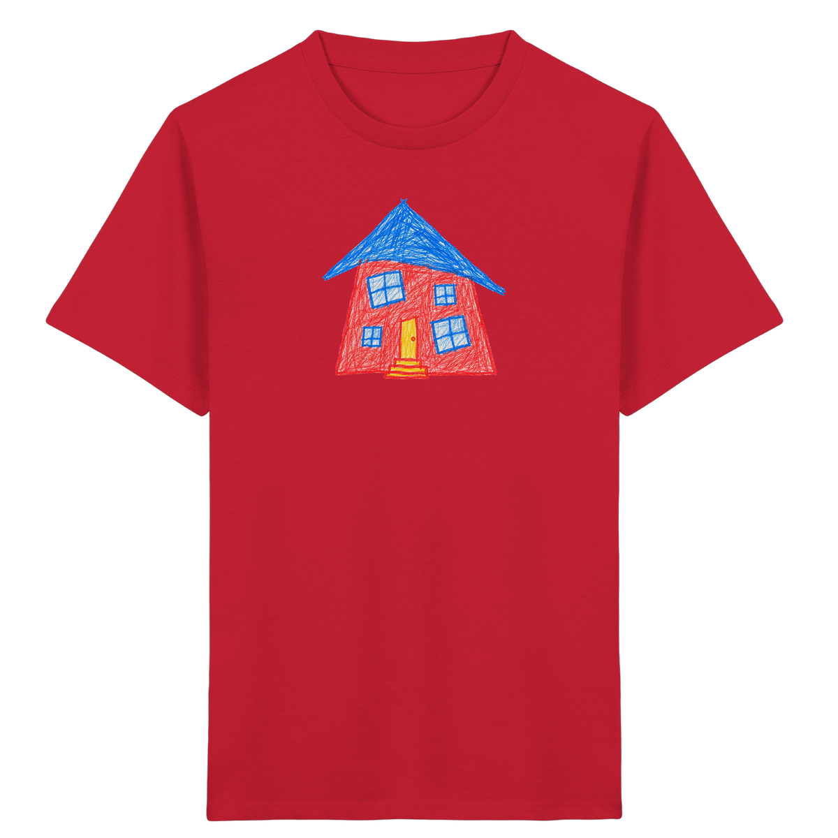 Korallenrotes Haus mit blauem Dach - Kinder Bio T-Shirt
