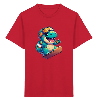 Dinosaurier auf dem Snowboard – Kinder Bio-T-Shirt