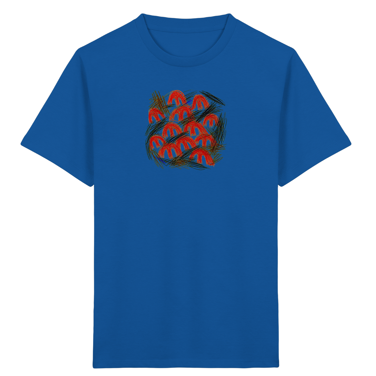 Royalblaues Kinder Bio T-Shirt mit Pilz-Motiv im Kritzelstil