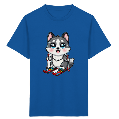 Husky-Welpe auf Skiern – Kinder Bio-T-Shirt