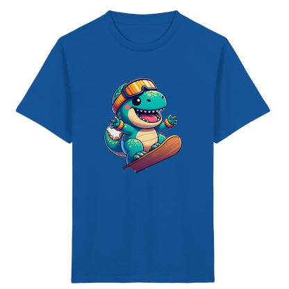 Dinosaurier auf dem Snowboard – Kinder Bio-T-Shirt