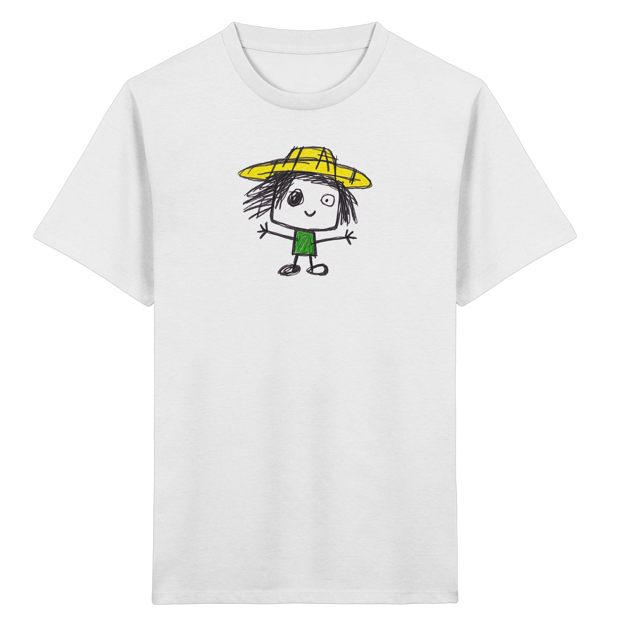 Kinder T-Shirt – Kritzelkopf mit gelbem Strohhut